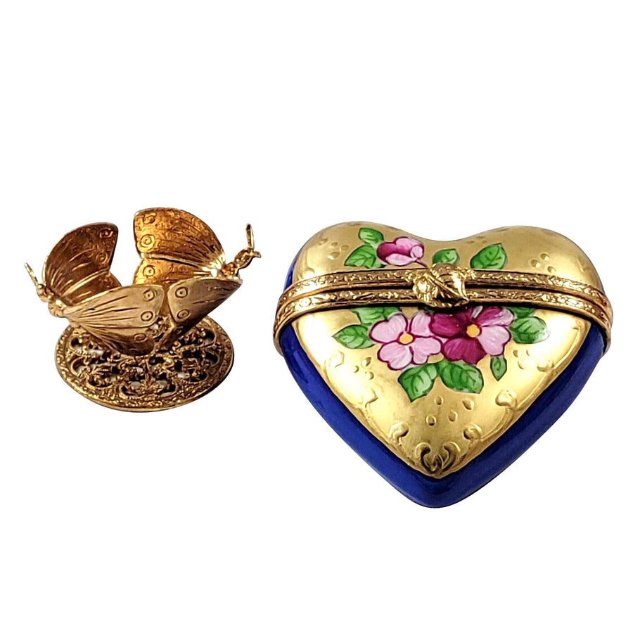 Blue Gold Heart on Butterfly Brass Stand Porcelain Limoges Heart Butterfly French Trinket Box