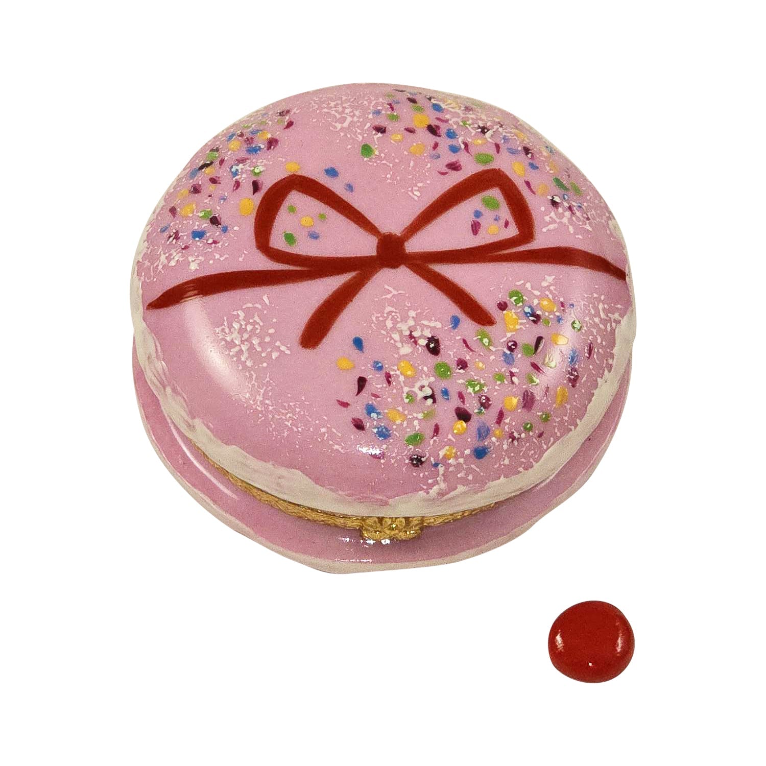 Pink Macaron with Sprinkles and Red Bow Limoges Box