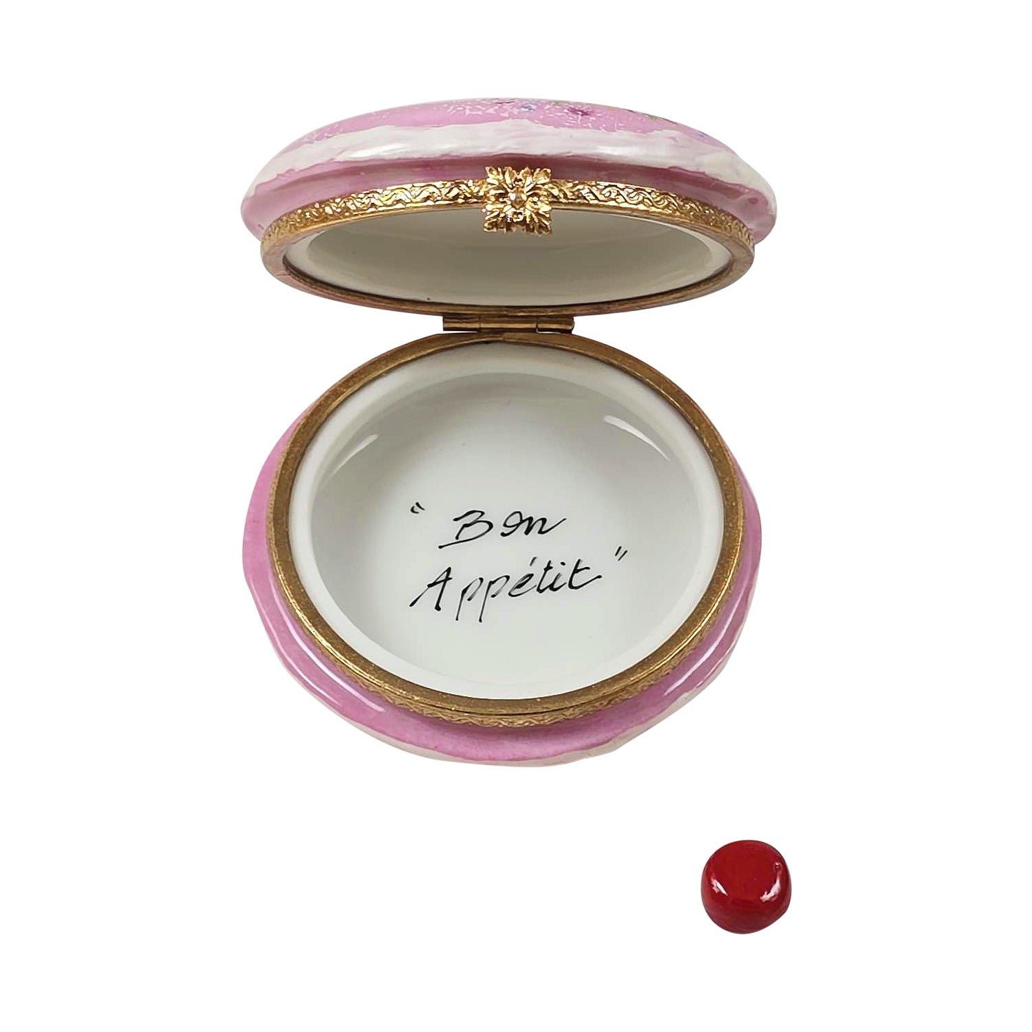 Pink Macaron with Sprinkles and Red Bow Limoges Box