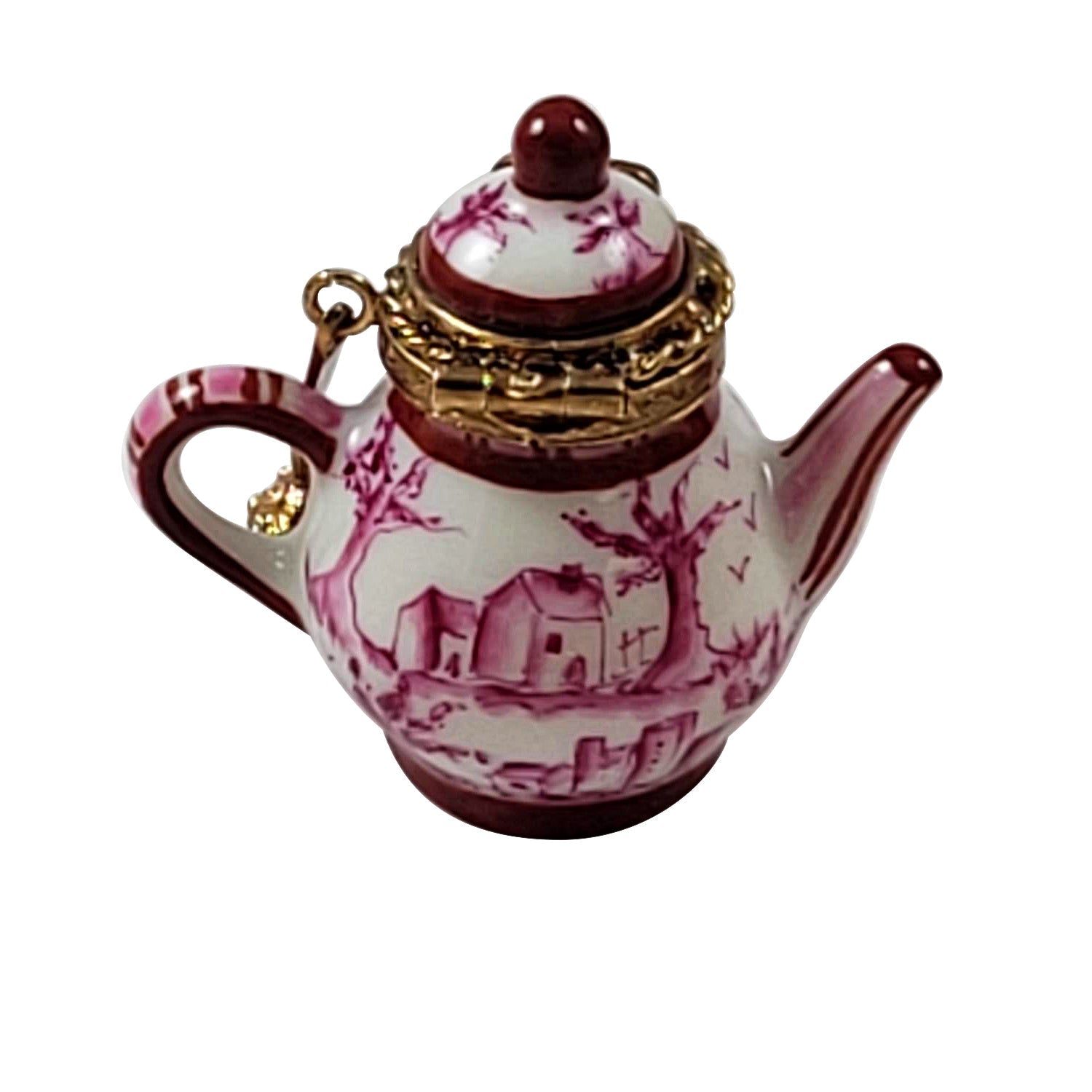 PINK TOILE TEAPOT Porcelain Limoges China French Trinket Box