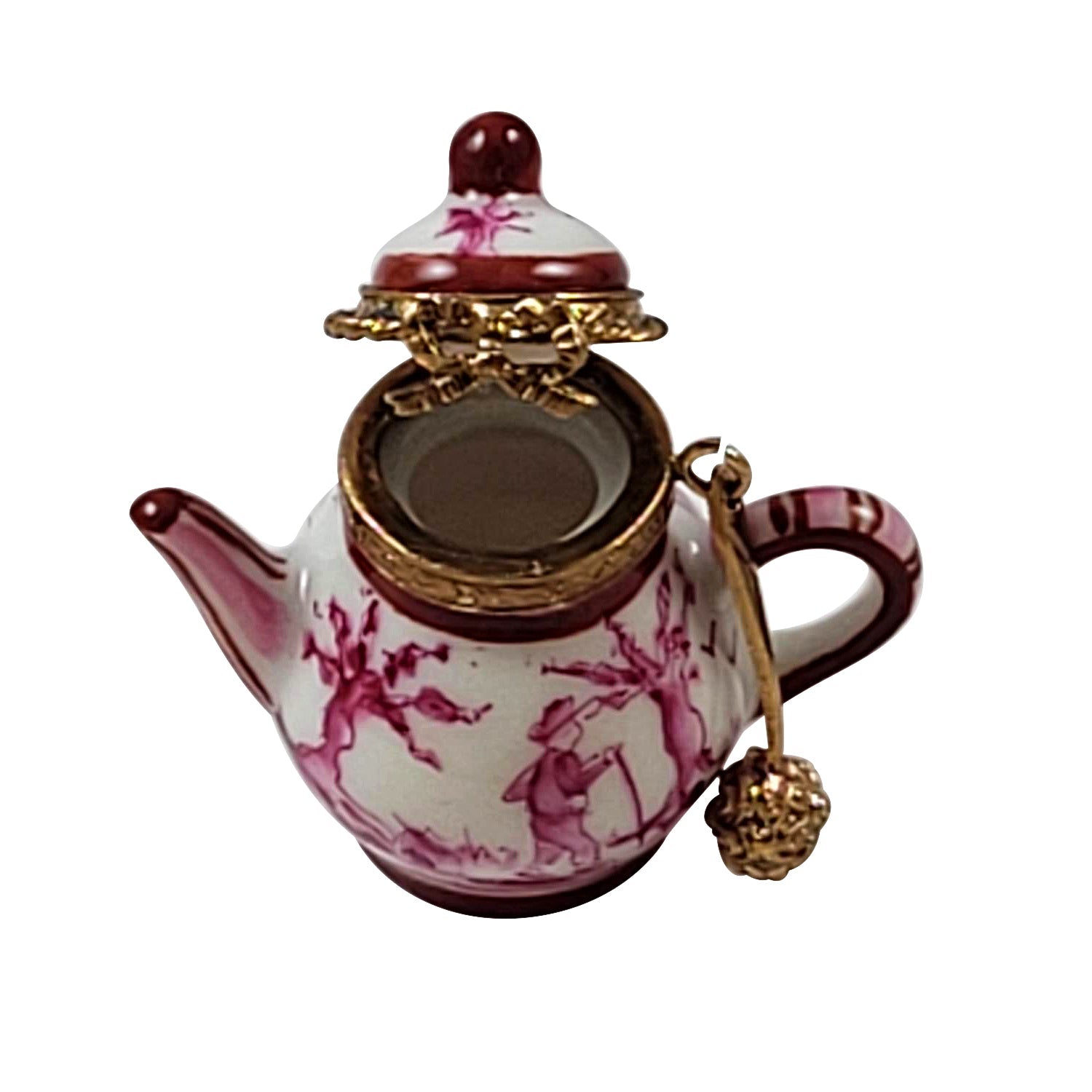 PINK TOILE TEAPOT Porcelain Limoges China French Trinket Box