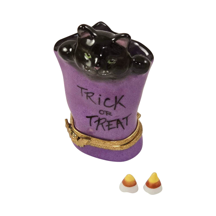 Cat in Trick or Treat Bag with Removable Candy Corn Limoges Box