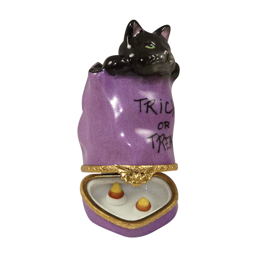 Cat in Trick or Treat Bag with Removable Candy Corn Limoges Box