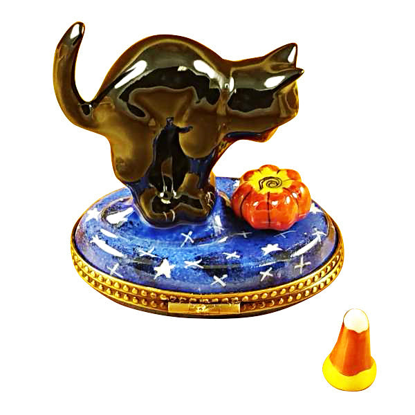 Black Cat Pumpkin Candy Corn Décor Porcelain Limoges Cat halloween French Trinket Box