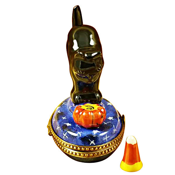 Black Cat Pumpkin Candy Corn Décor Porcelain Limoges Cat halloween French Trinket Box