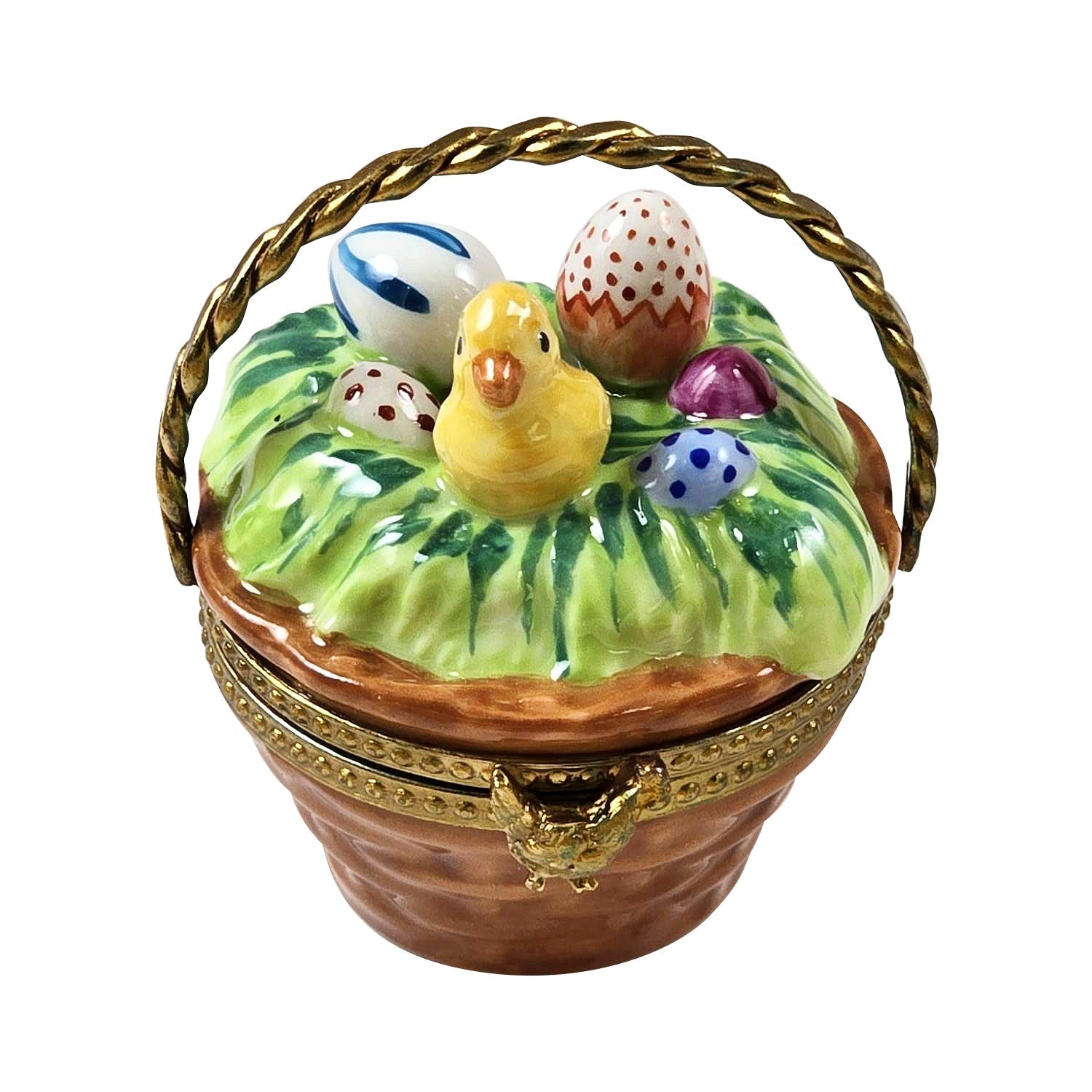 Brown Easter Basket w Chicks and Eggs Porcelain Limoges Easter Egg French Trinket Box