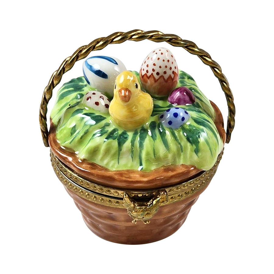Brown Easter Basket w Chicks and Eggs Porcelain Limoges Easter Egg French Trinket Box