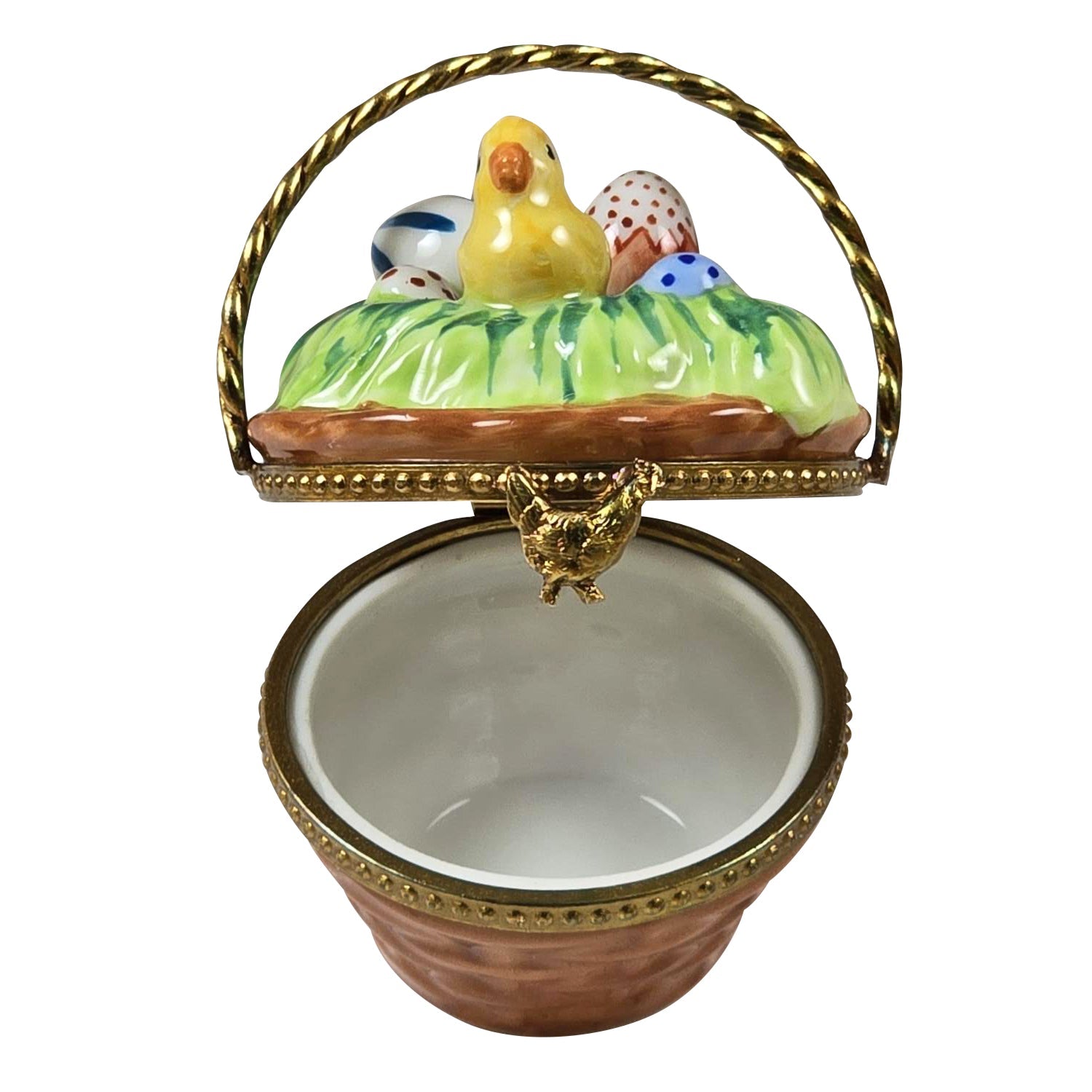 Brown Easter Basket w Chicks and Eggs Porcelain Limoges Easter Egg French Trinket Box
