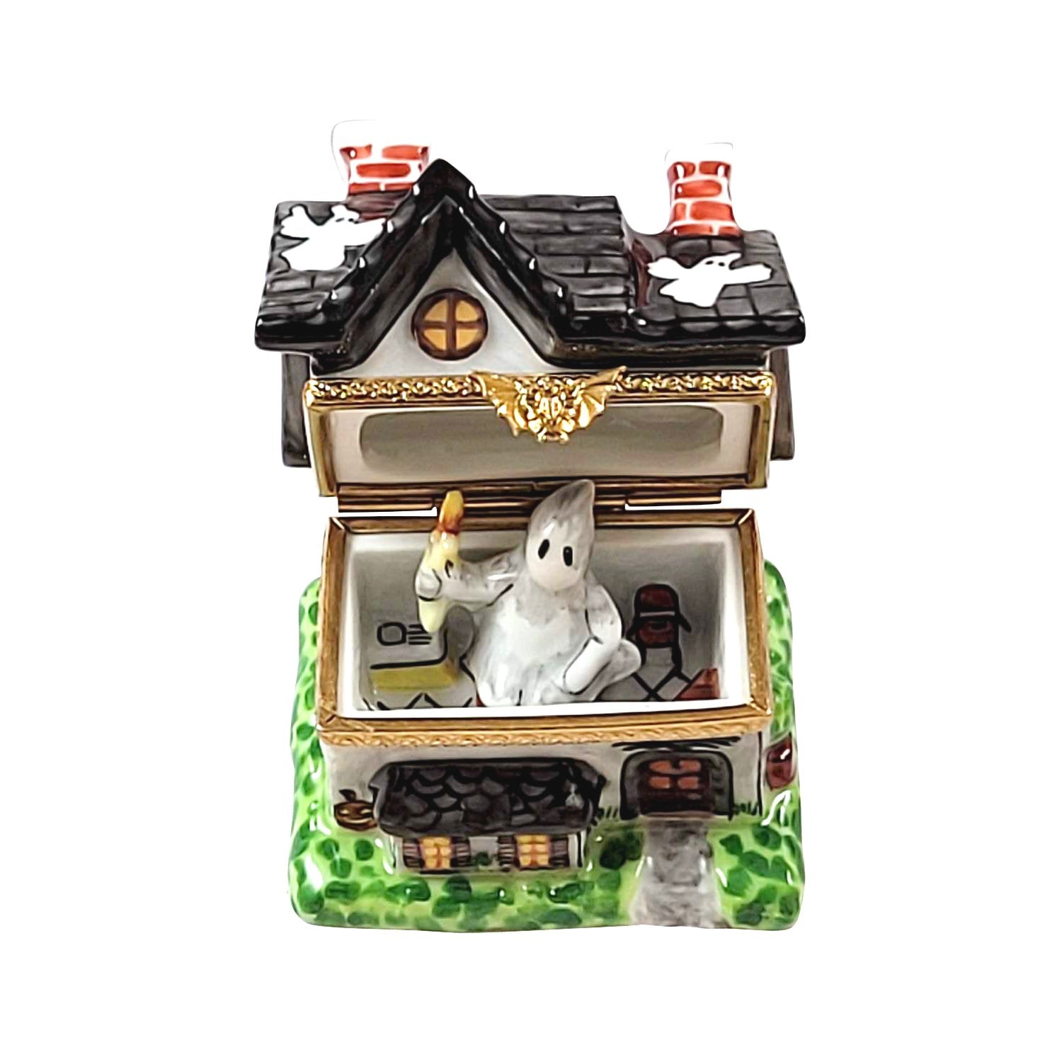 Haunted House w Removable Ghost Porcelain Limoges Halloween French Trinket Box