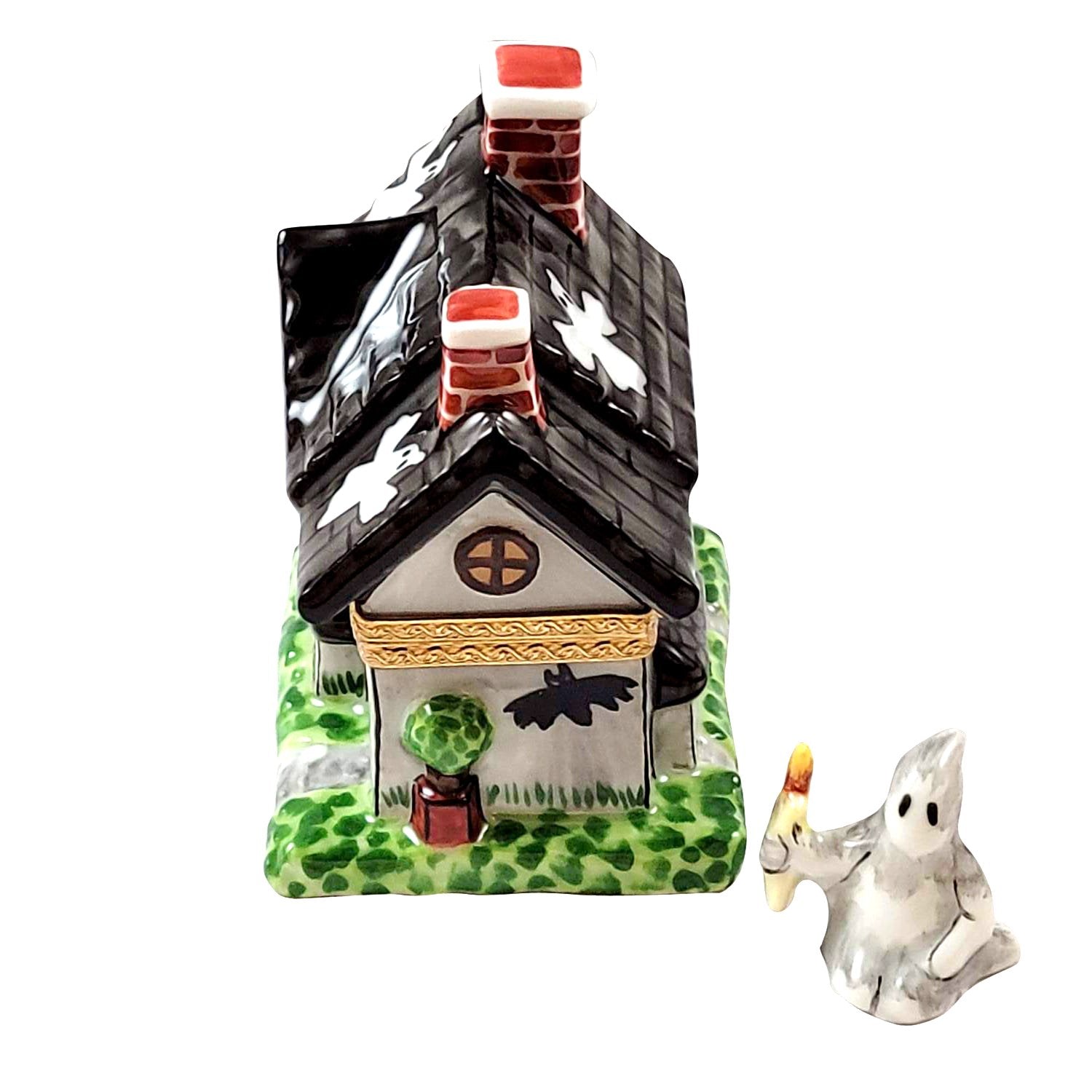 Haunted House w Removable Ghost Porcelain Limoges Halloween French Trinket Box