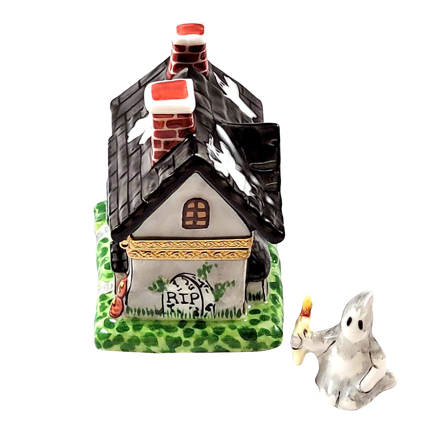 Haunted House w Removable Ghost Porcelain Limoges Halloween French Trinket Box