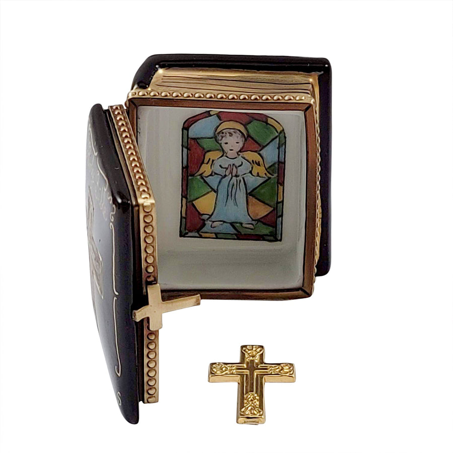 Holy Bible with Little Brass Cross Limoges box, hand-painted porcelain made in France