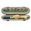A wooden baseball bat with a worn leather grip and a white baseball
###