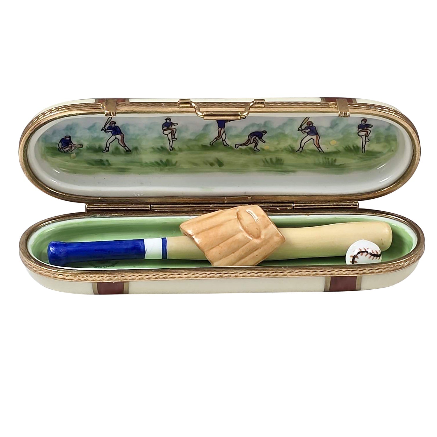 A wooden baseball bat with a worn leather grip and a white baseball
###