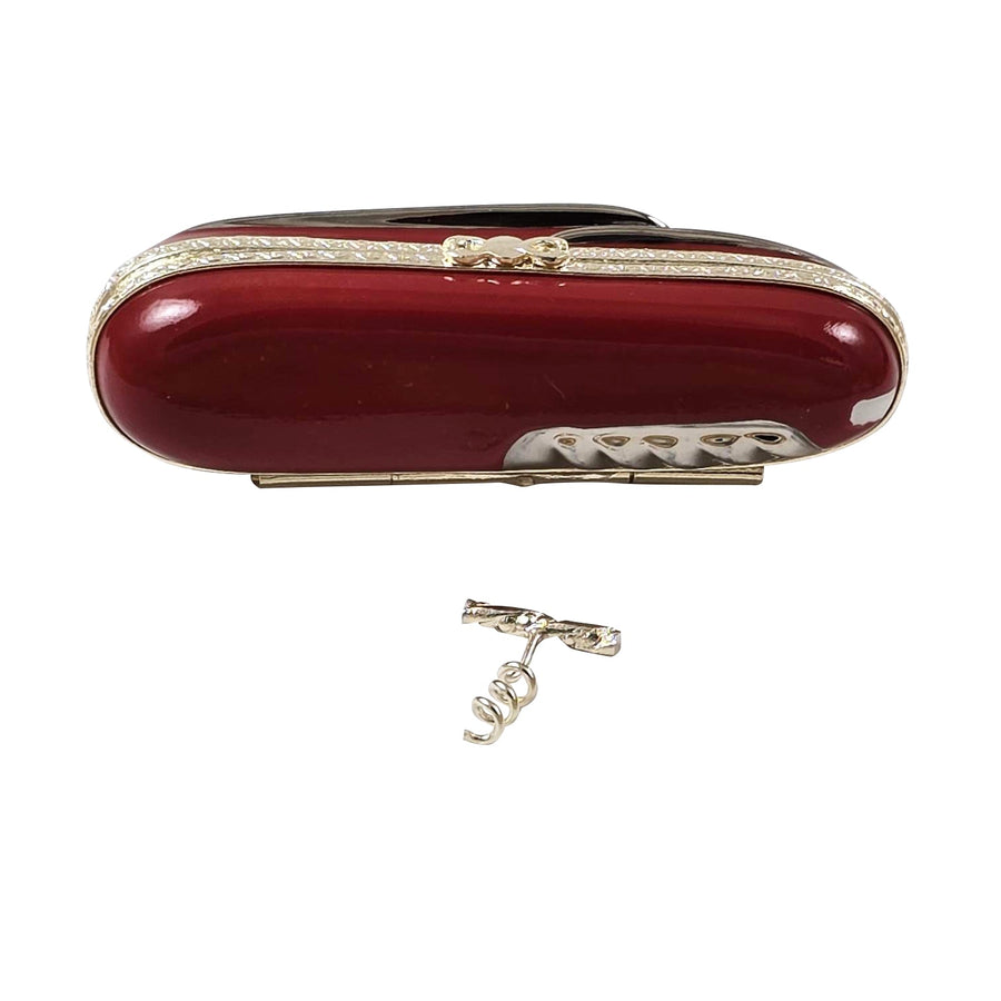 Swiss Army Knife with Brass Corkscrew Porcelain Limoges sports men professional French Trinket Box