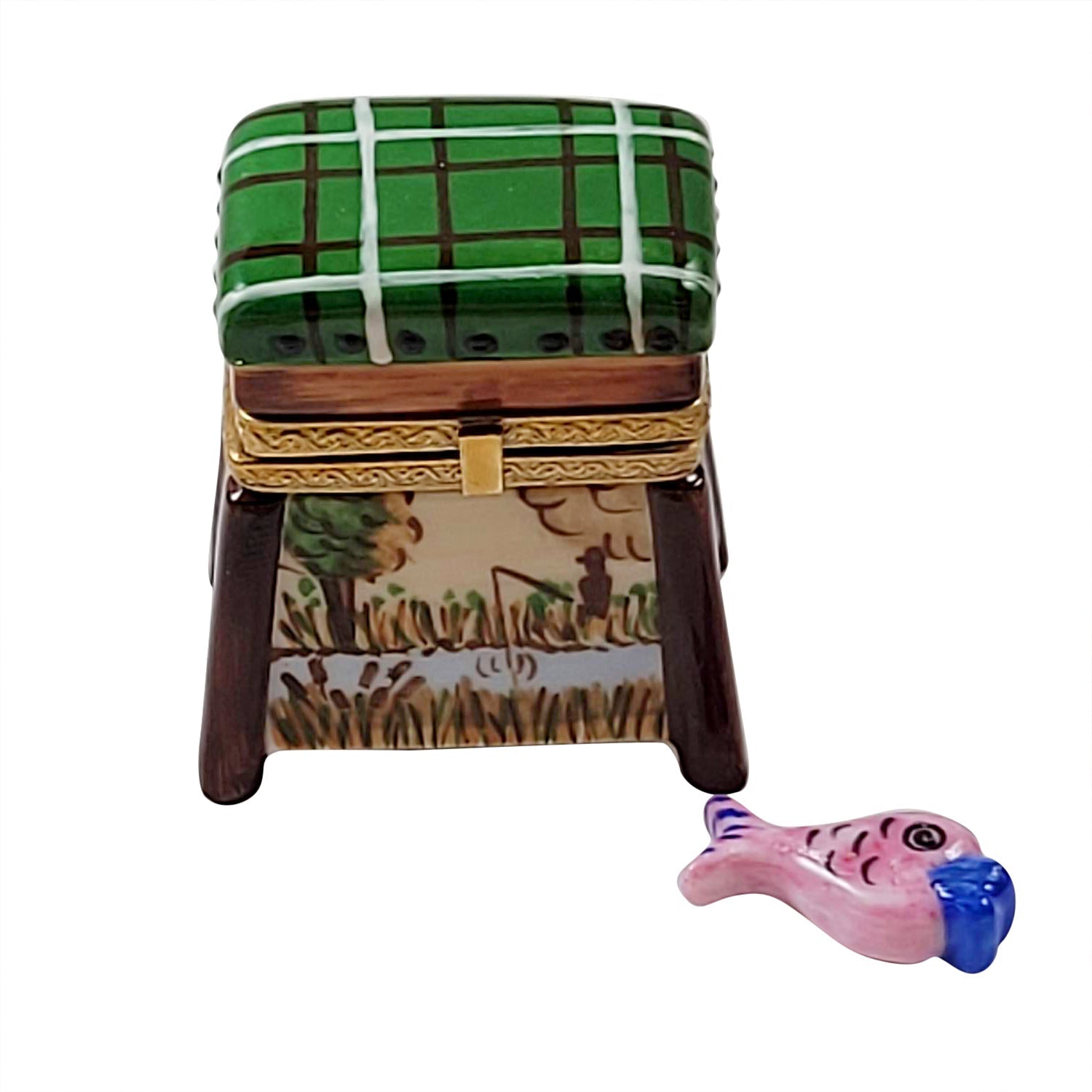 Fishing Basket with Fish Porcelain Limoges sports fish French Trinket Box