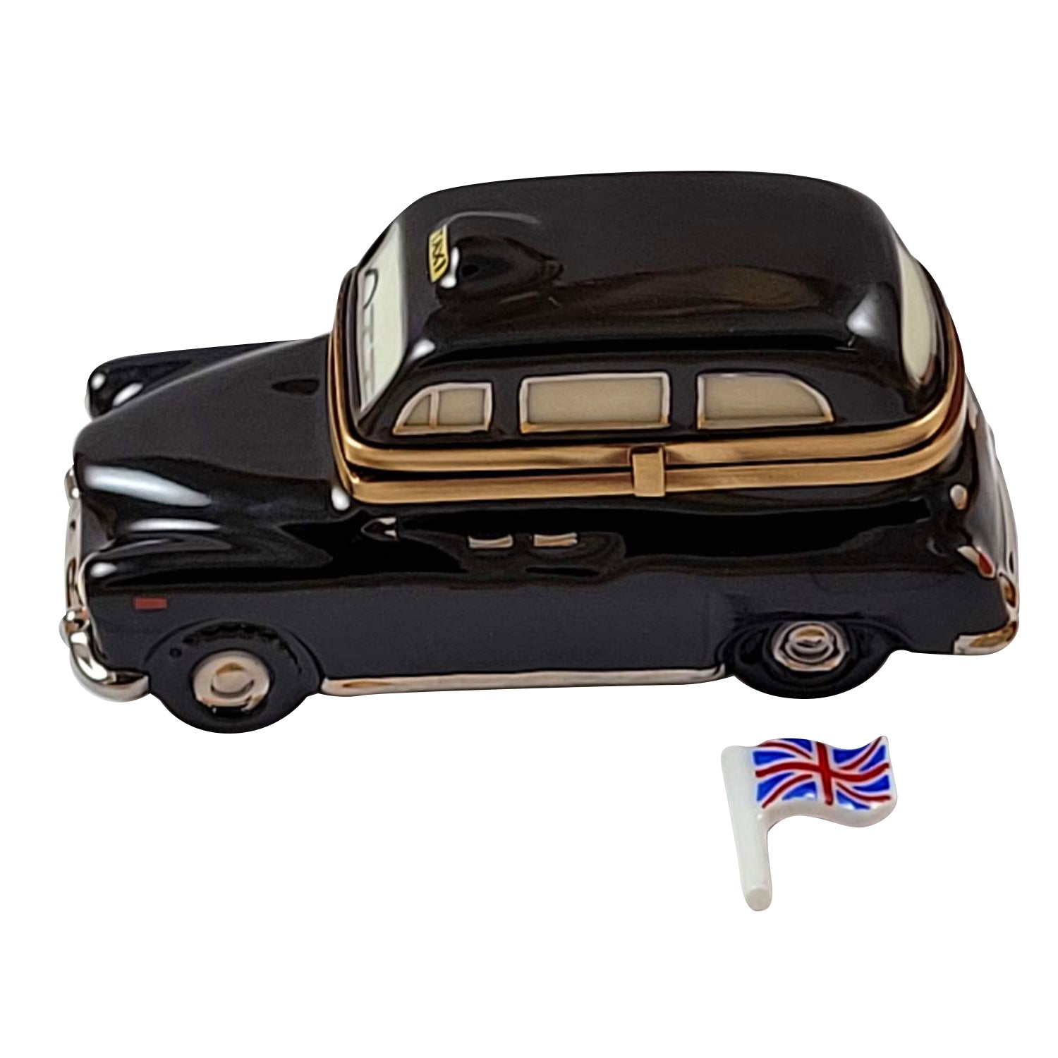 London Black Taxi Union Jack Porcelain Limoges flag travel kingdom French Trinket Box