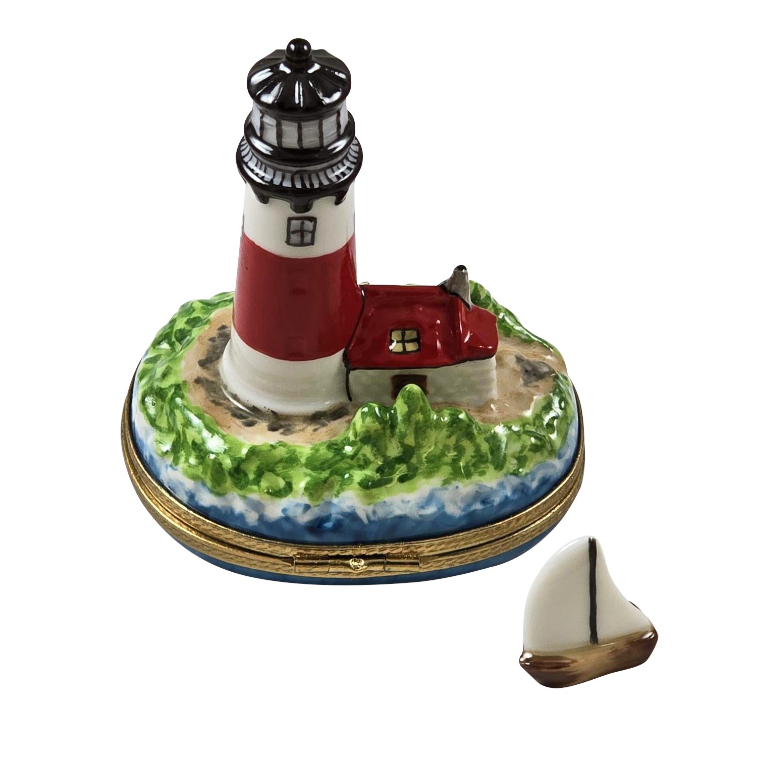Lighthouse w Boat Nantucket Porcelain Limoges beach travel French Trinket Box
