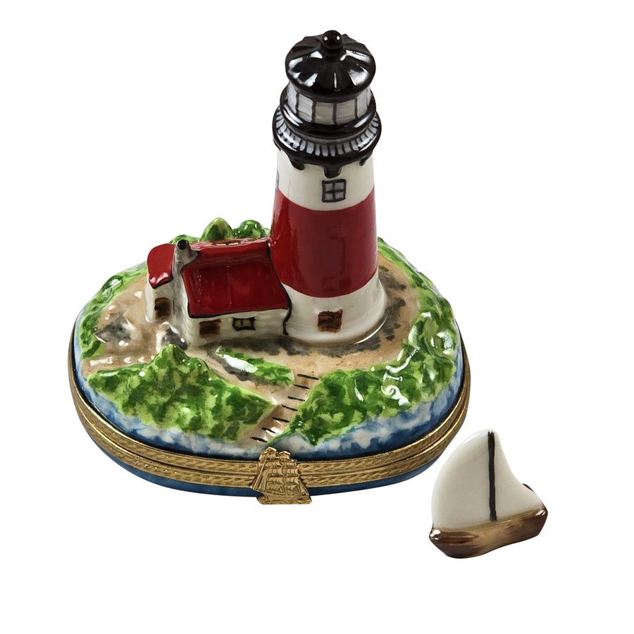 Lighthouse w Boat Nantucket Porcelain Limoges beach travel French Trinket Box