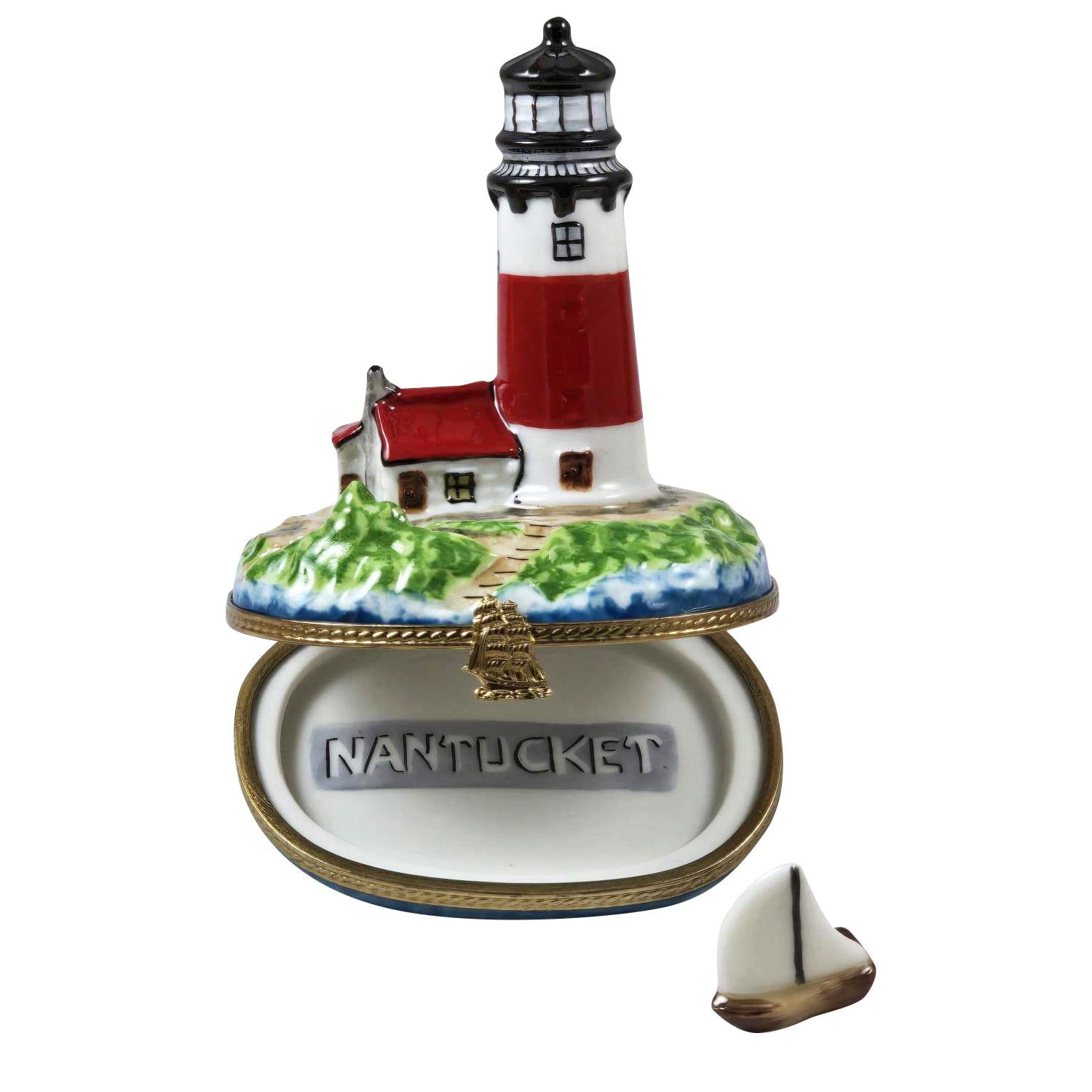 Lighthouse w Boat Nantucket Porcelain Limoges beach travel French Trinket Box