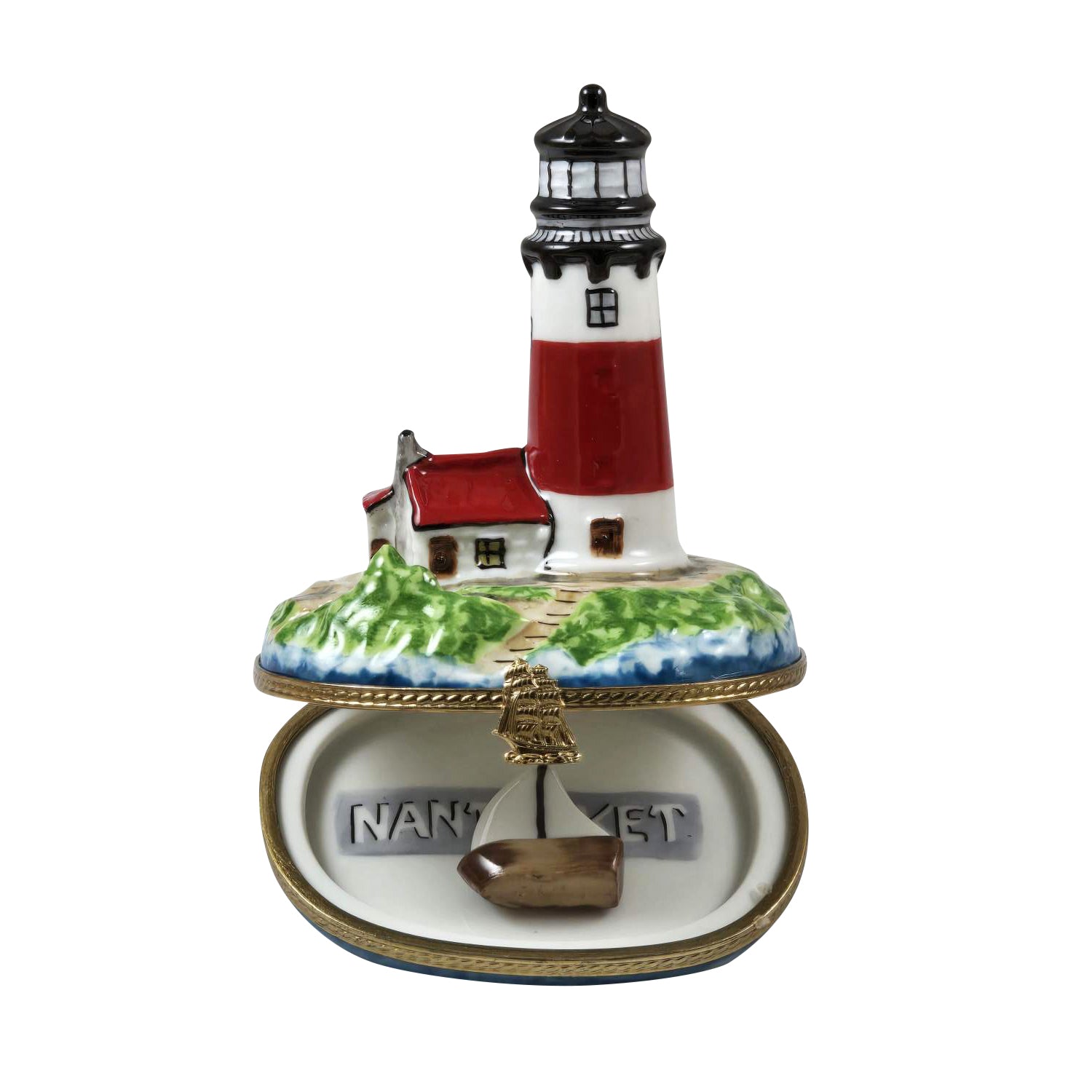 Lighthouse w Boat Nantucket Porcelain Limoges beach travel French Trinket Box