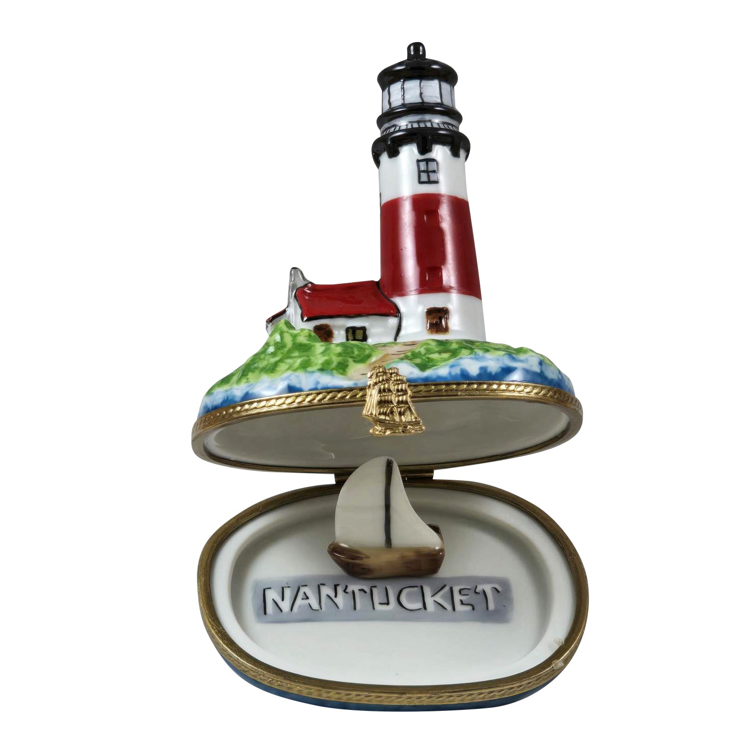Lighthouse w Boat Nantucket Porcelain Limoges beach travel French Trinket Box
