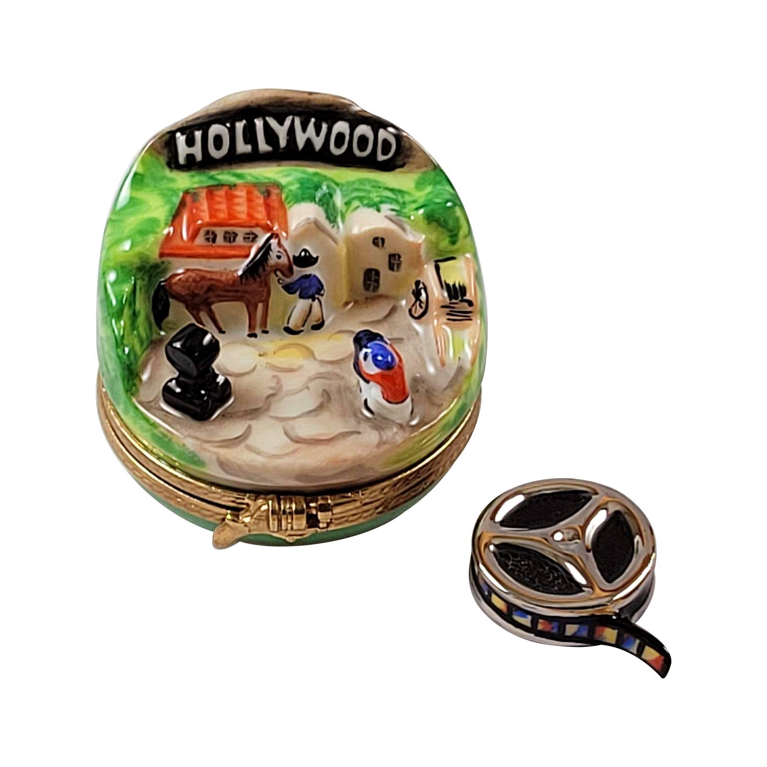 HOLLYWOOD WITH REMOVABLE FILM REEL Porcelain Limoges art film books professional French Trinket Box