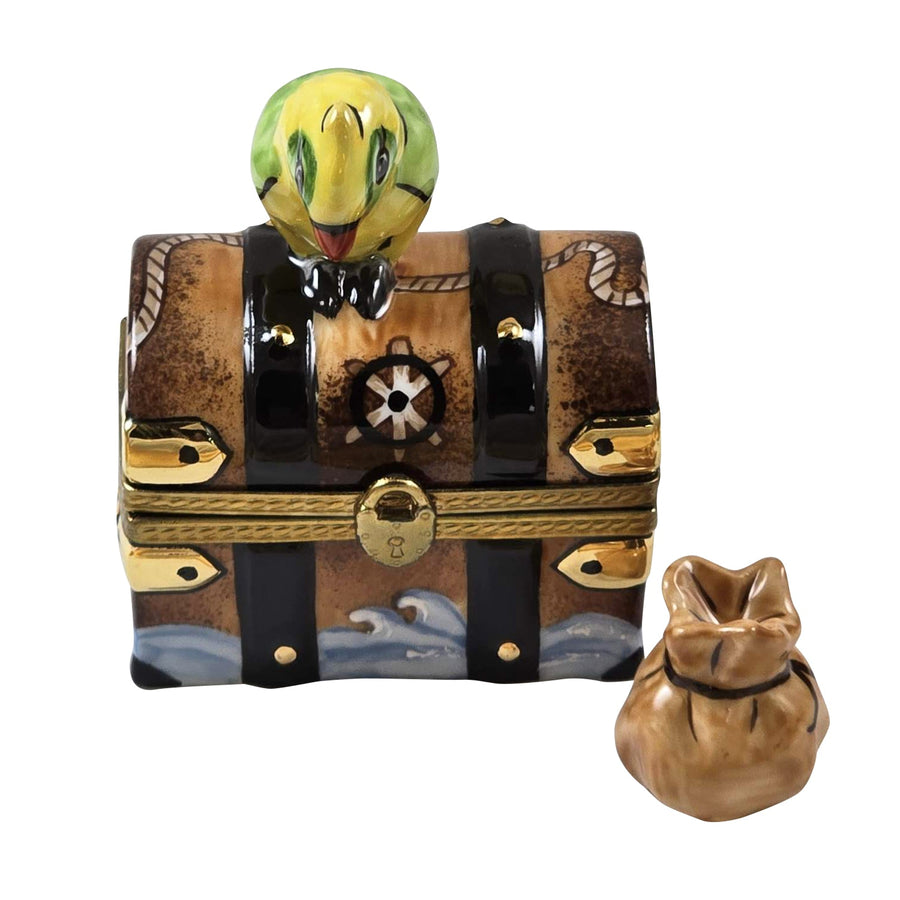 Treasure Chest w Parrot Porcelain Limoges Home fairy bird birds children kids ocean French Trinket Box