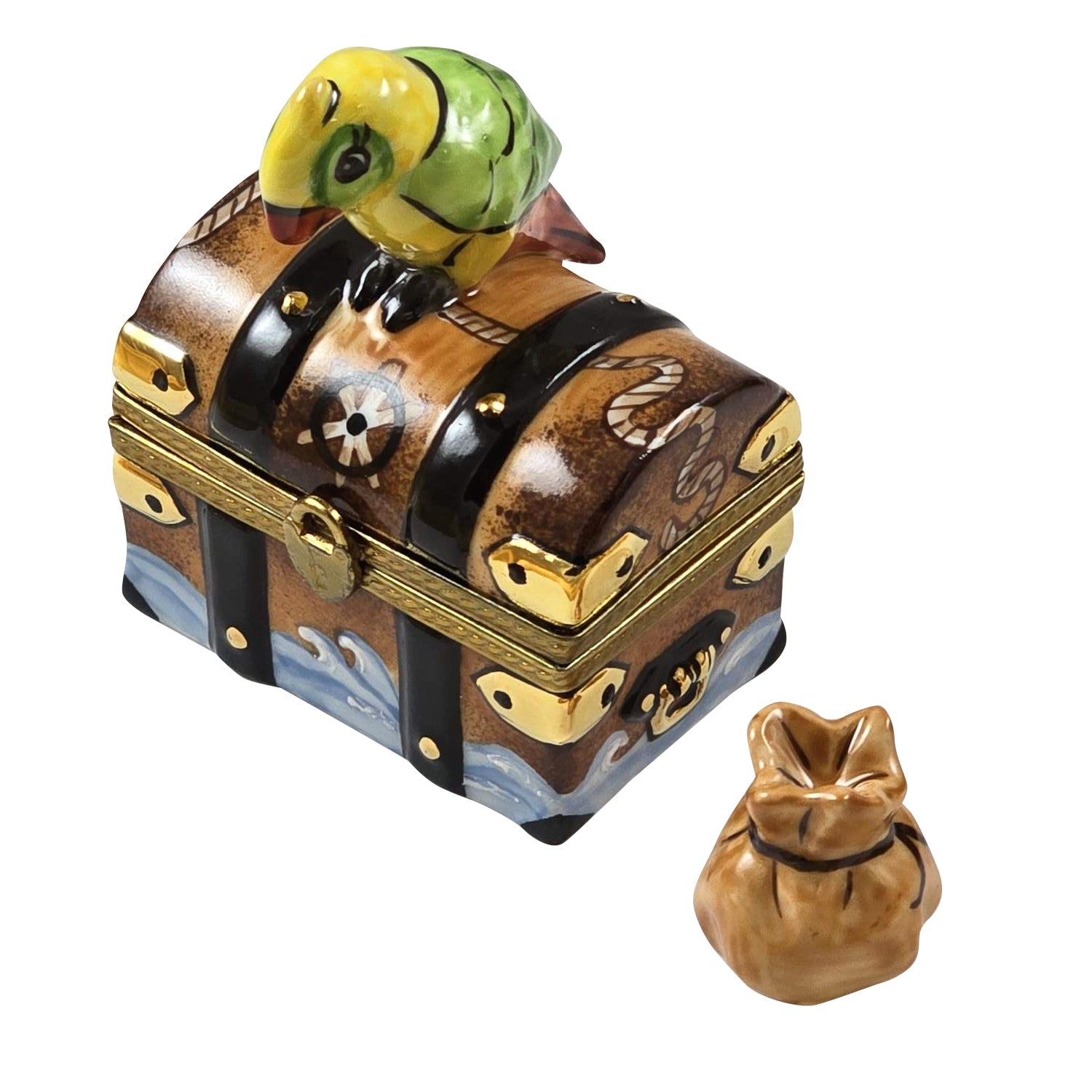 Treasure Chest w Parrot Porcelain Limoges Home fairy bird birds children kids ocean French Trinket Box