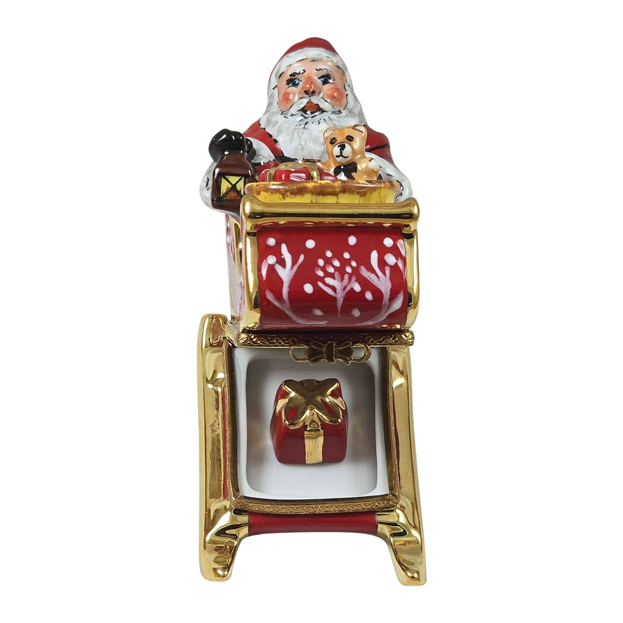 Santa's Red Sleigh with Tiny Present Limoges box, hand-painted porcelain made in France
