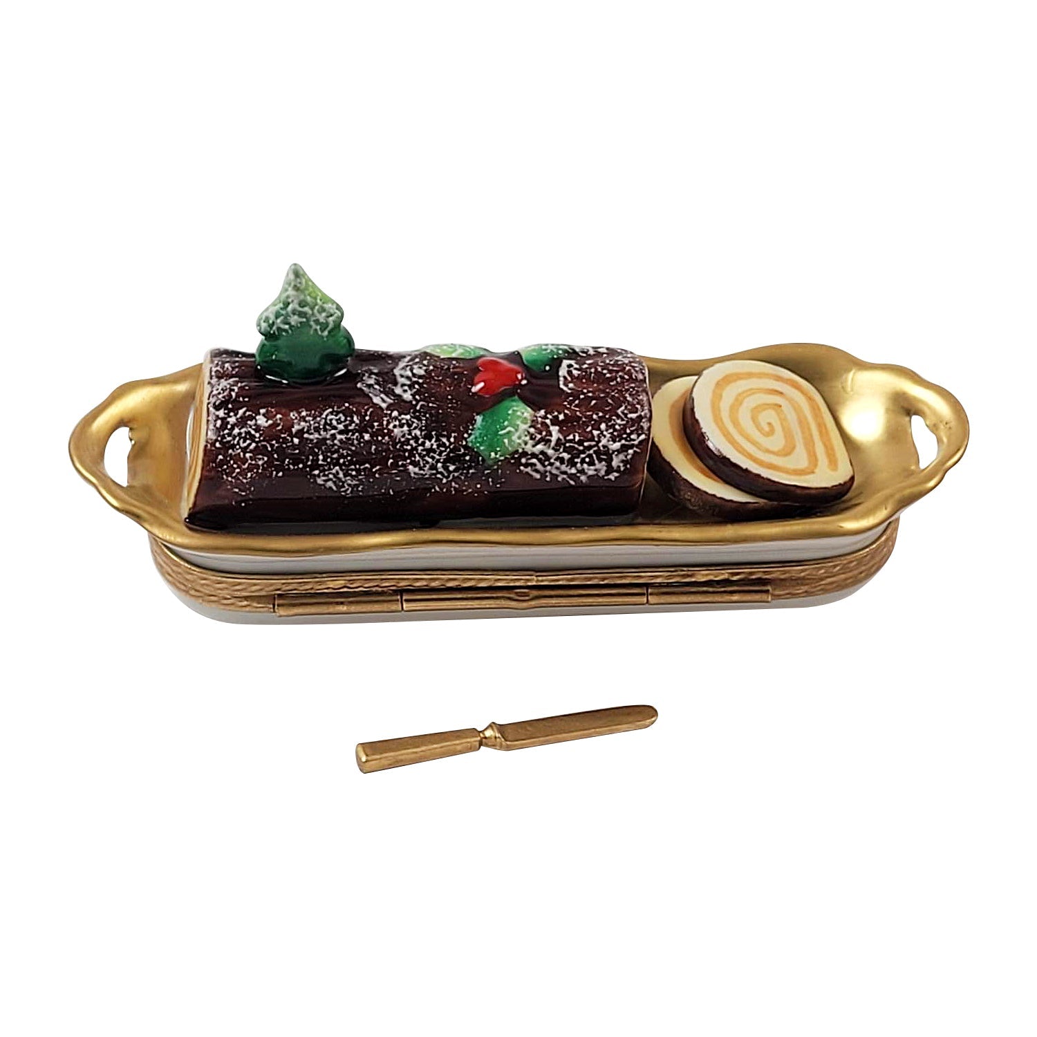 Buche De Noel w Removable Serving Knife Yule Log Porcelain Limoges French Trinket Box