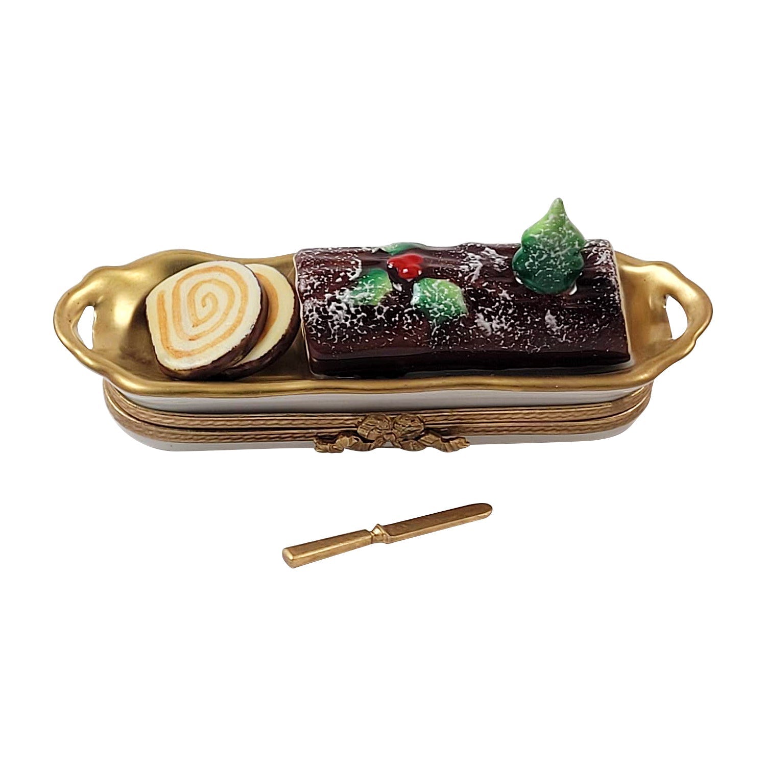 Buche De Noel w Removable Serving Knife Yule Log Porcelain Limoges French Trinket Box