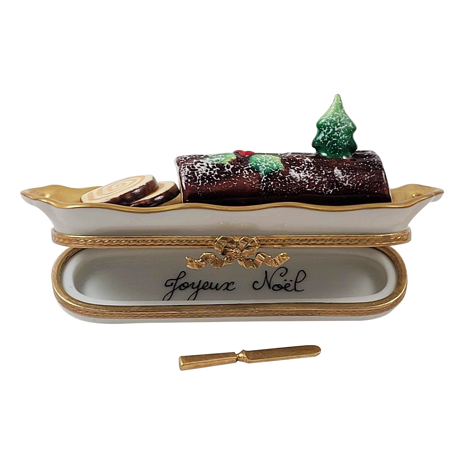 Buche De Noel w Removable Serving Knife Yule Log Porcelain Limoges French Trinket Box