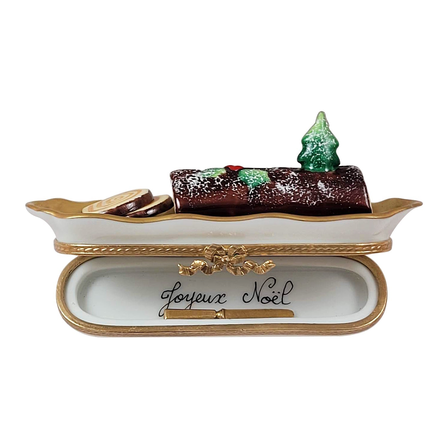 Buche De Noel w Removable Serving Knife Yule Log Porcelain Limoges French Trinket Box