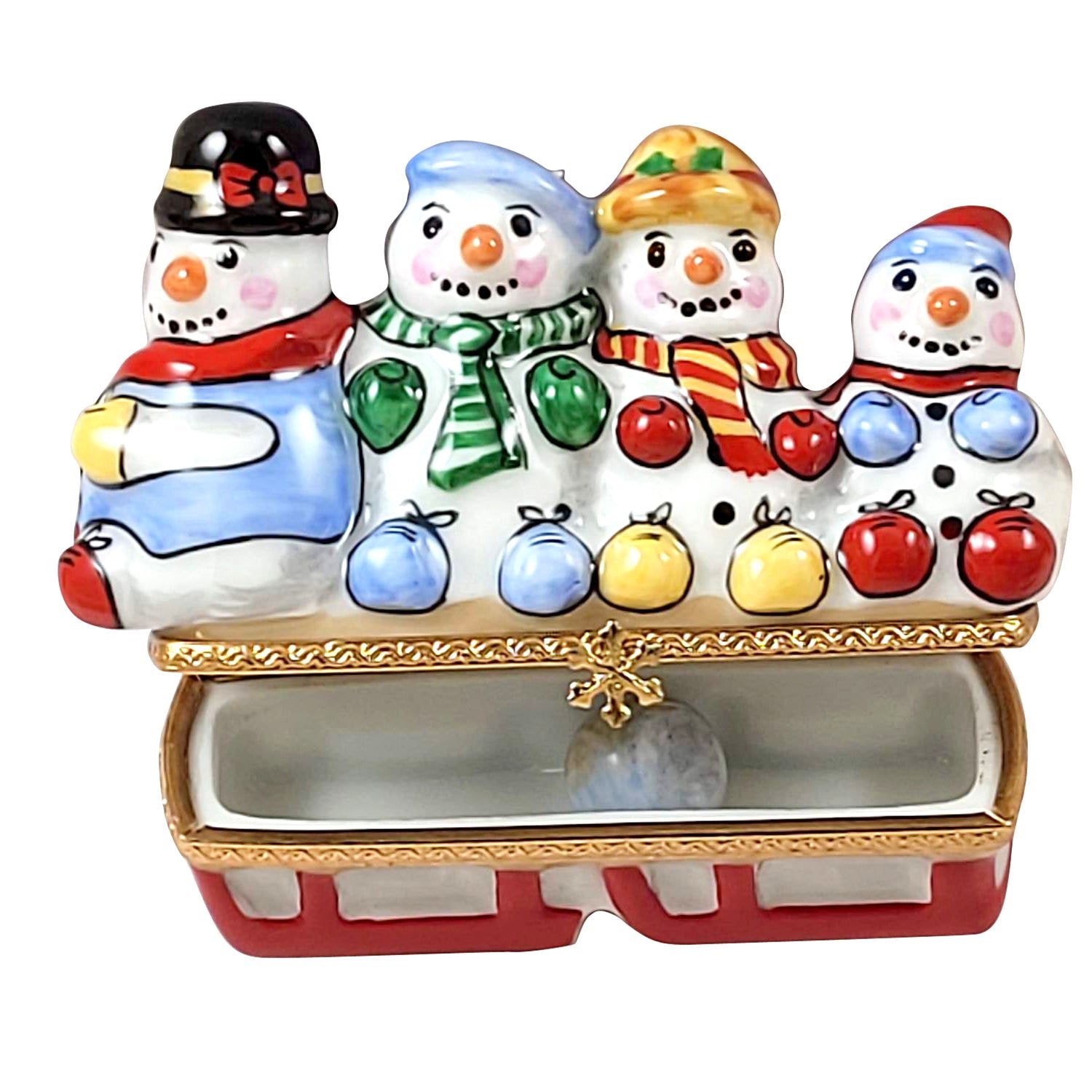 SNOWMEN ON SLED Porcelain Limoges snowman French Trinket Box