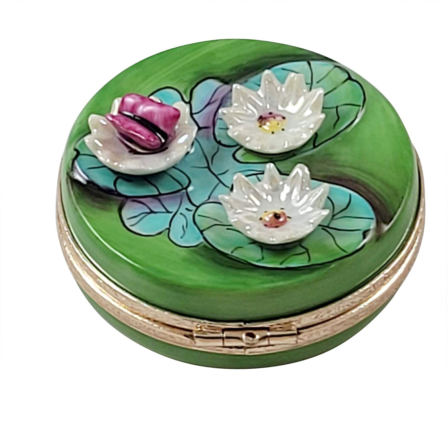 White Water Lillies Porcelain Limoges flowers garden frogs French Trinket Box