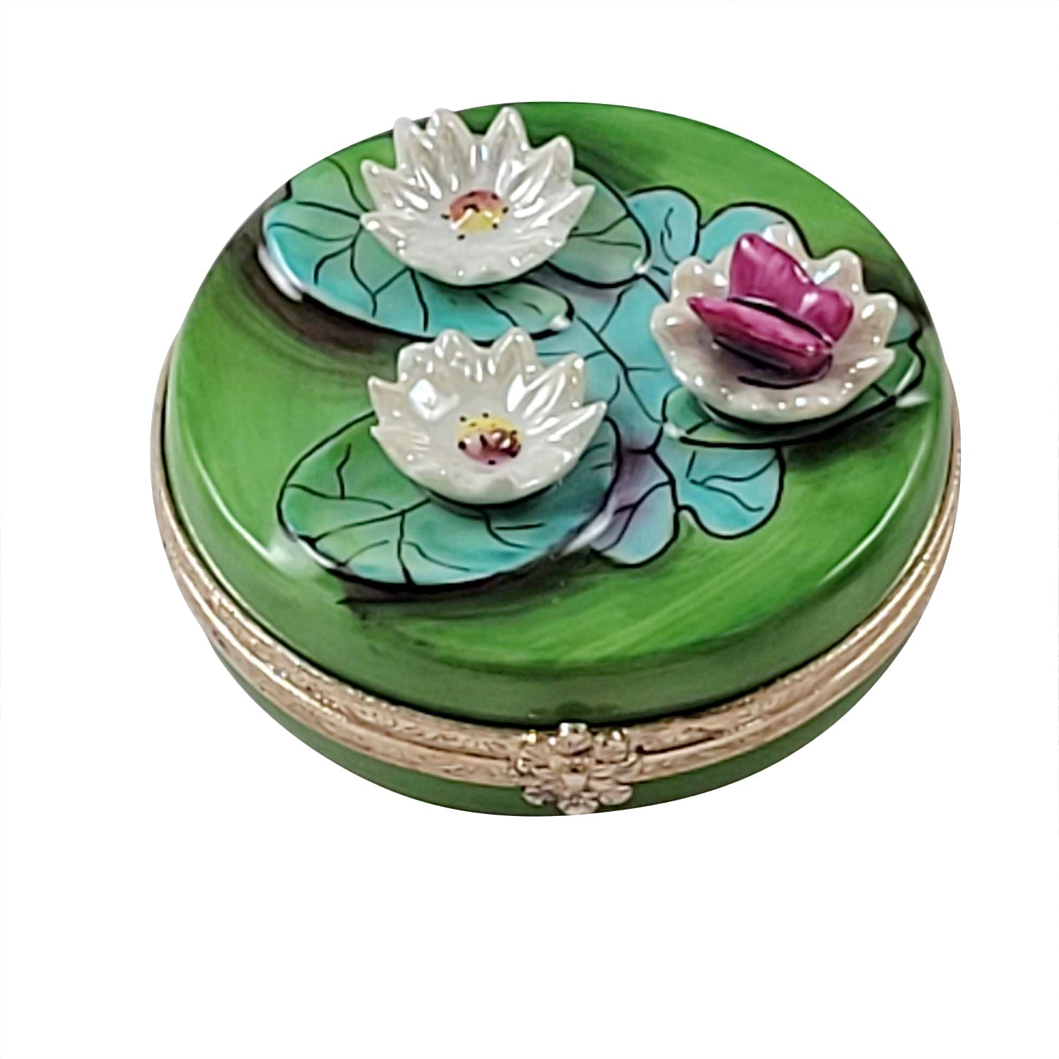 White Water Lillies Porcelain Limoges flowers garden frogs French Trinket Box