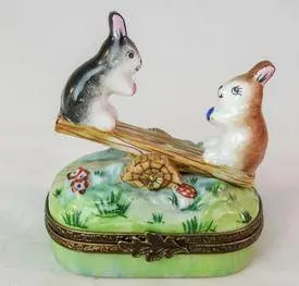 Rabbit Seasaw- Porcelain Limoges mice rabbit limoges boxes French Trinket Box