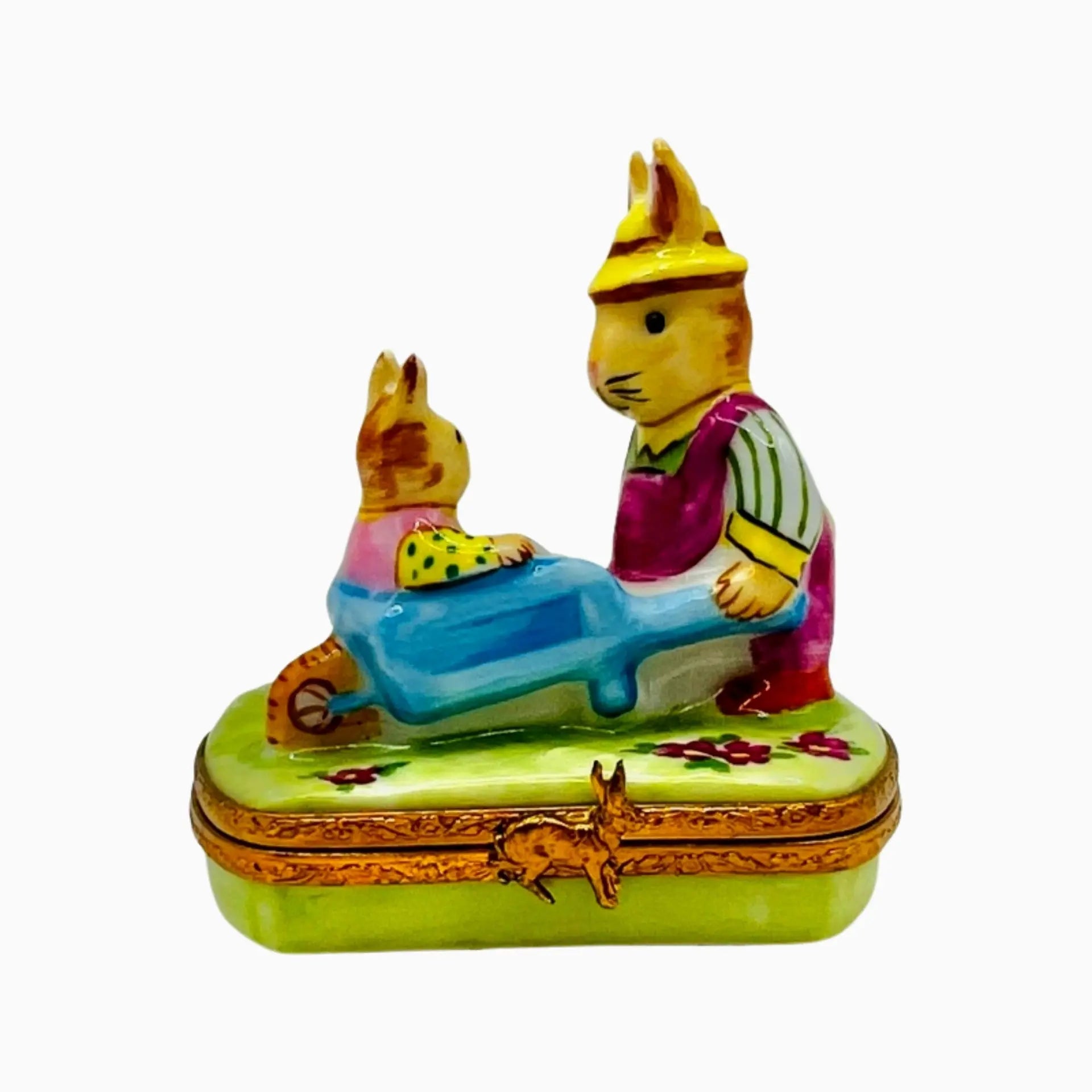 Rabbits Wheelbarrow Porcelain Limoges rabbits mouse French Trinket Box