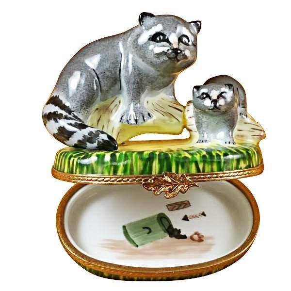 Raccoon w Baby Porcelain Limoges mother wild Rochard Limoges Box French Trinket Box