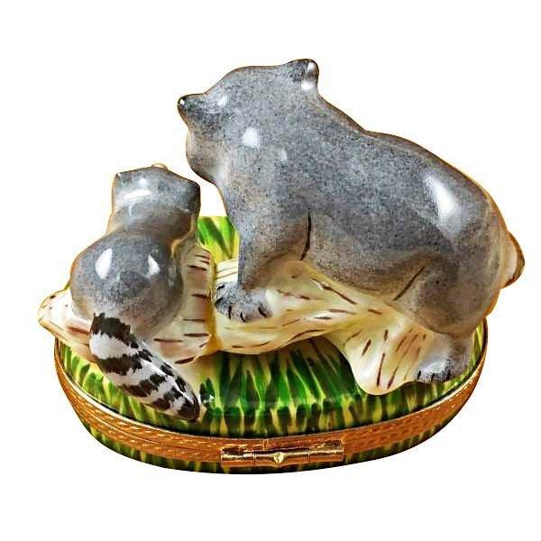 Raccoon w Baby Porcelain Limoges mother wild Rochard Limoges Box French Trinket Box