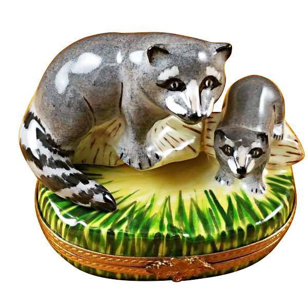 Raccoon w Baby Porcelain Limoges mother wild Rochard Limoges Box French Trinket Box