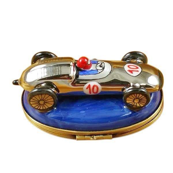 Race Car Blue Base Porcelain Limoges sport vehicles French Trinket Box
