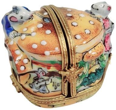 Rare Hinged Mice Cheeseburger Box Porcelain Limoges Mouse Food French Trinket Box