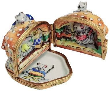 Rare Hinged Mice Cheeseburger Box Porcelain Limoges Mouse Food French Trinket Box