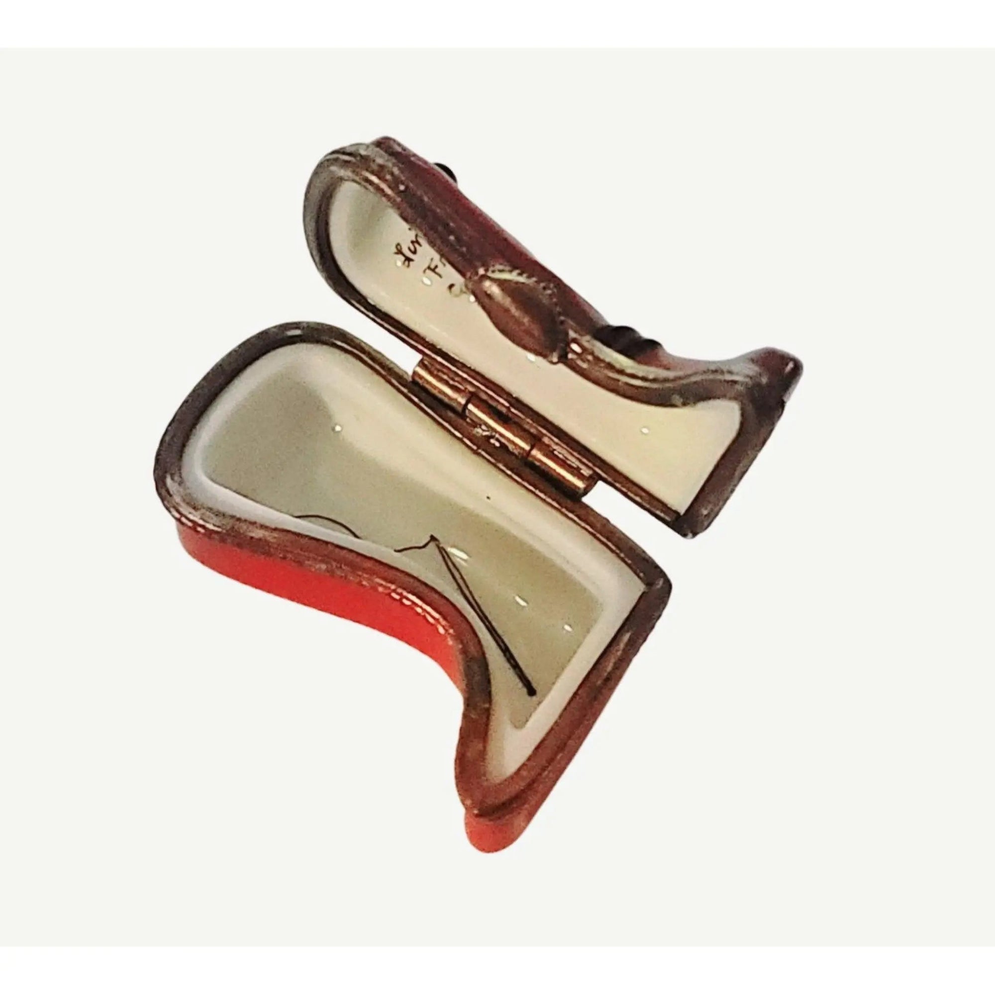 Red Cowboy Boot Trinket Box Porcelain Limoges shoes farm animals French Trinket Box