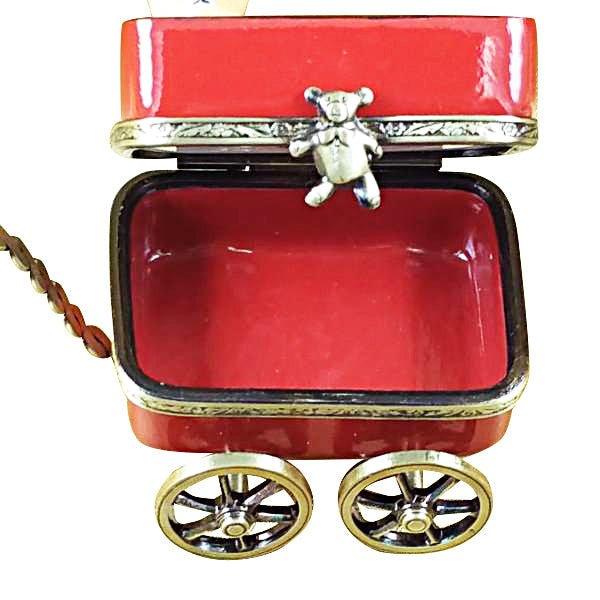 Red Wagon with Teddy Bear Porcelain Limoges Teddy French Trinket Box