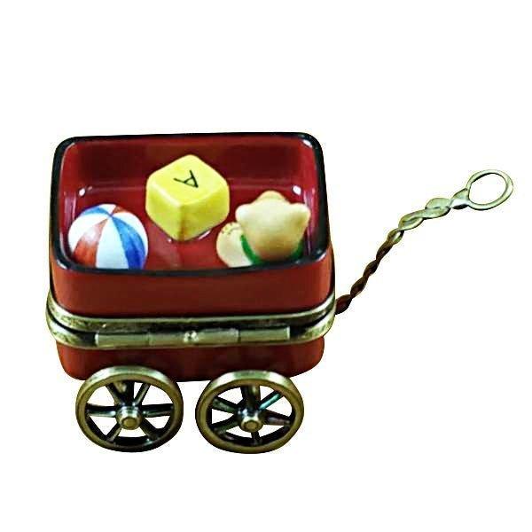 Red Wagon with Teddy Bear Porcelain Limoges Teddy French Trinket Box