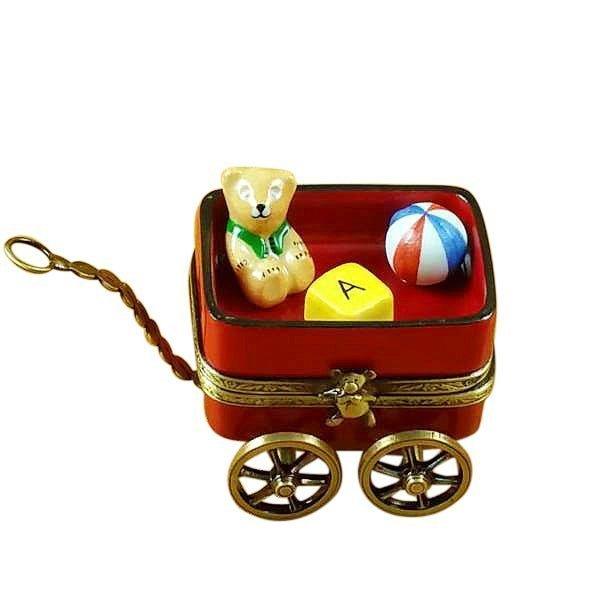 Red Wagon with Teddy Bear Porcelain Limoges Teddy French Trinket Box