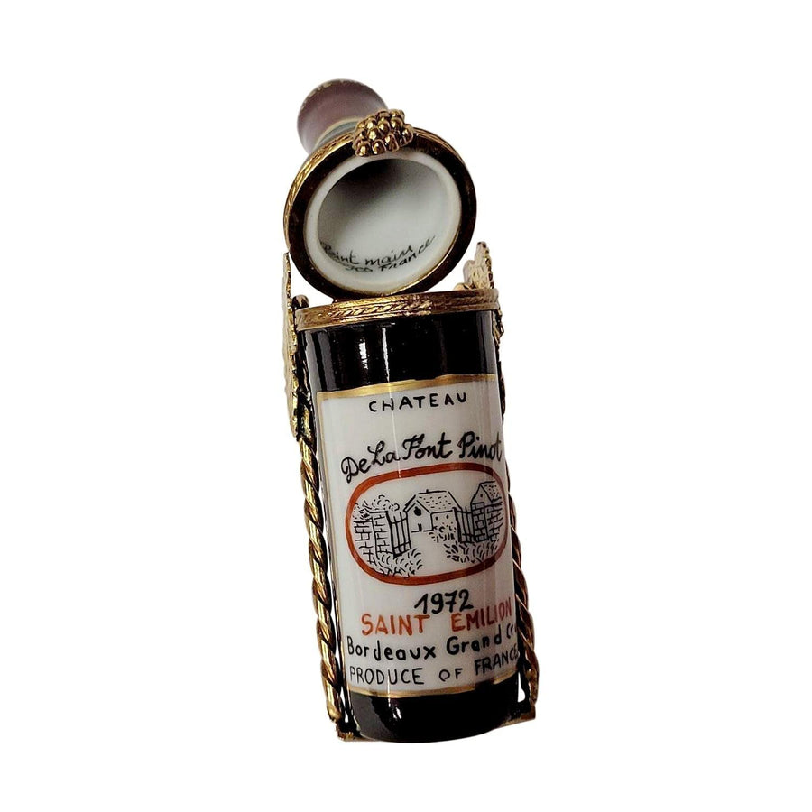 Red Wine Bottle with Brass Holder Porcelain Limoges wine spirits French Trinket Box